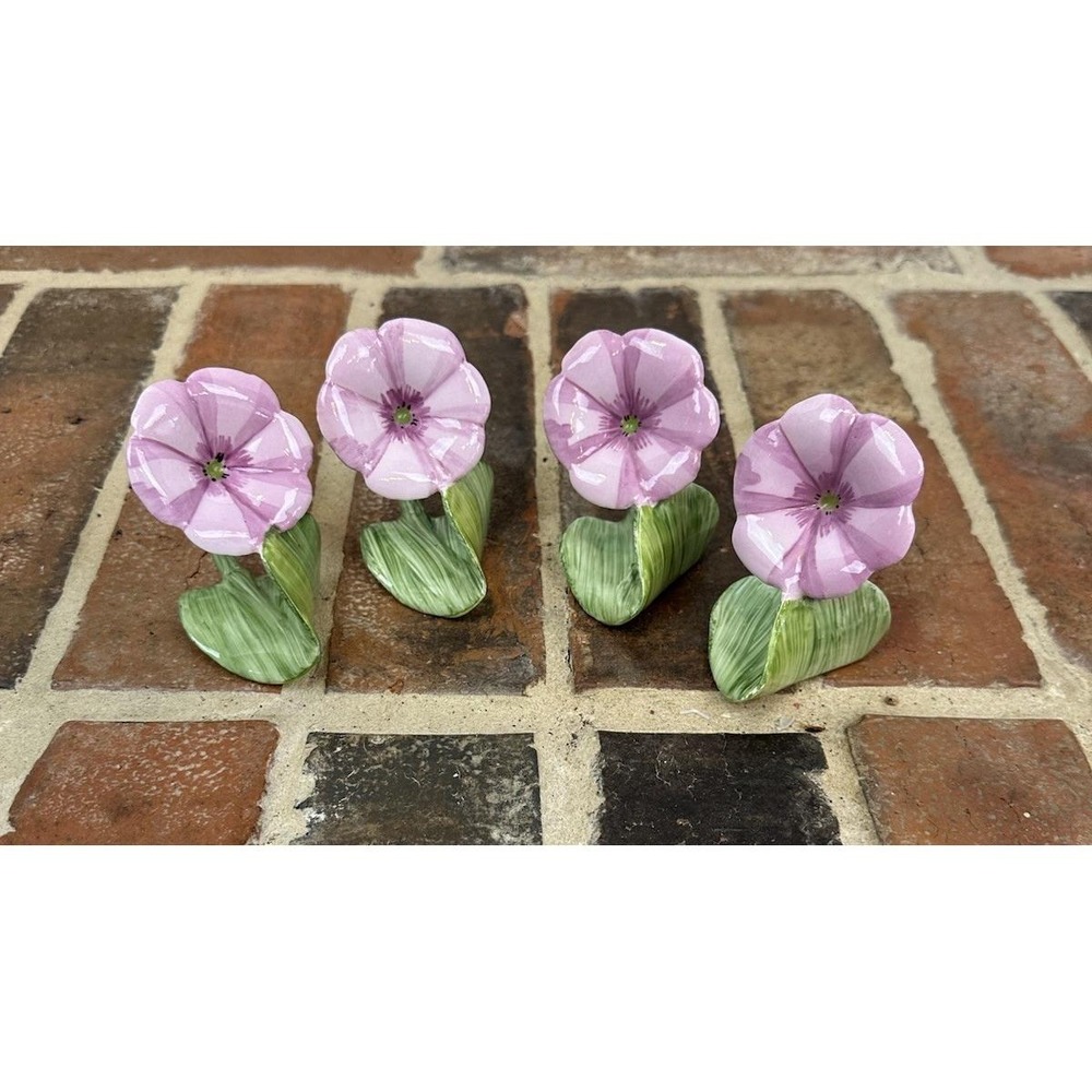Vintage 1985 Pink Petunia Napkin Rings Bone China Green Leaves Set of 4 Pia